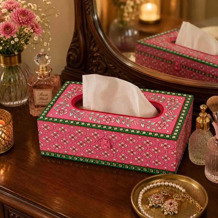 Hand Painted Wooden Tissue Box - Pink Mughal Art