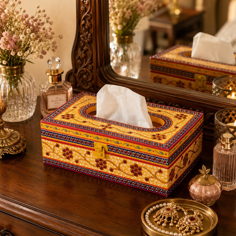 Hand Painted Wooden Tissue Box - Yellow & Red Embossed Mughal Art
