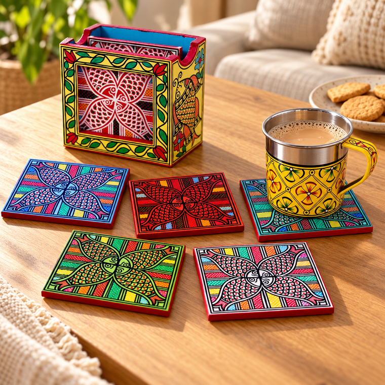 Hand Painted Madhubani Multicolored Coasters set of 6 with holder - Folk Art Fish