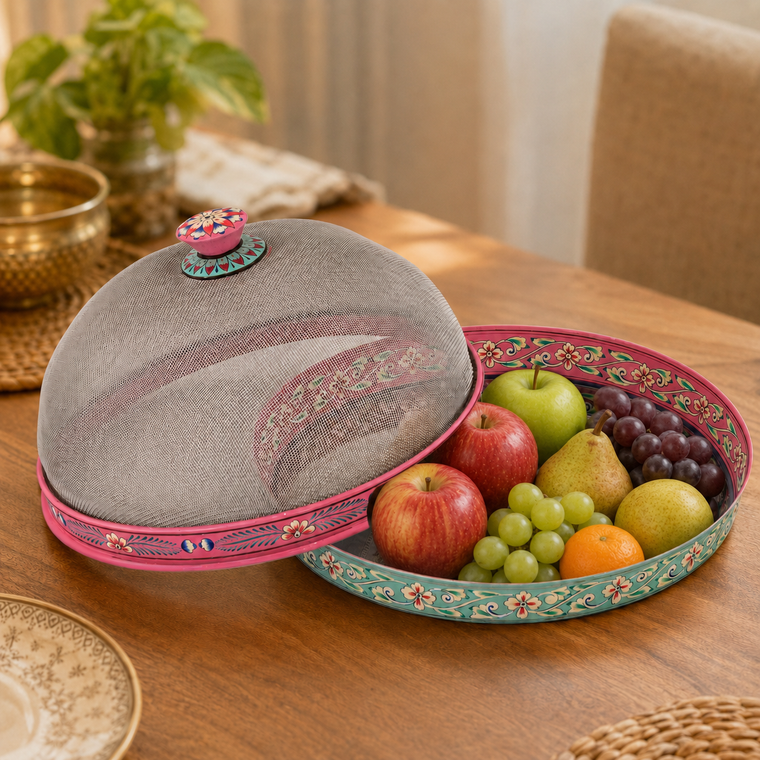 Food cover - Hand painted Cloche with round Steel Tray : Dome food cover of wire mesh with handle and Round Serving plate