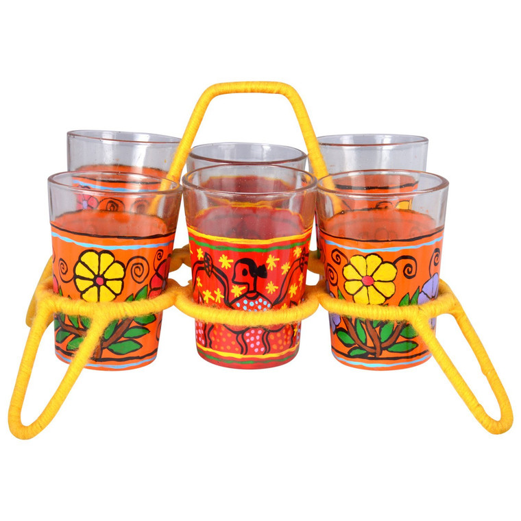 Hand Painted 6 cutting chai glasses and a metal holder wrapped with wool