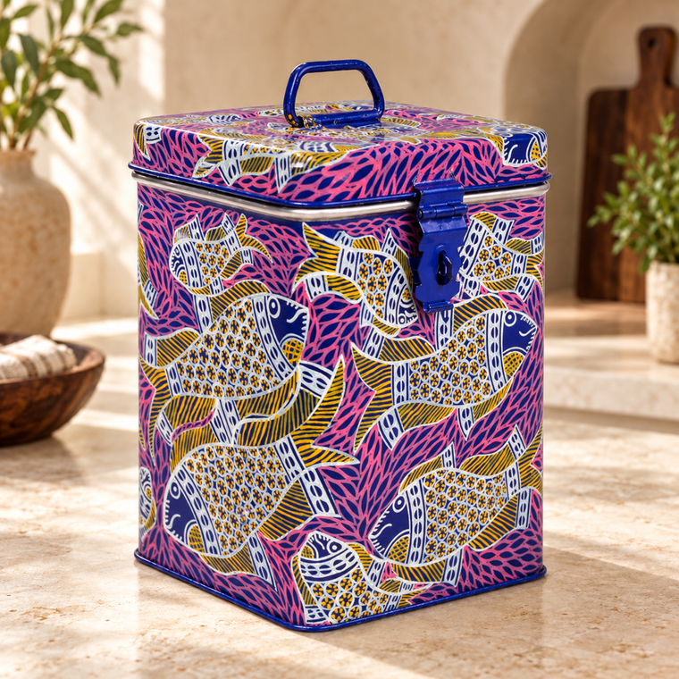 Hand Painted Canister: Blue Fish Pond Stainless Steel Tin