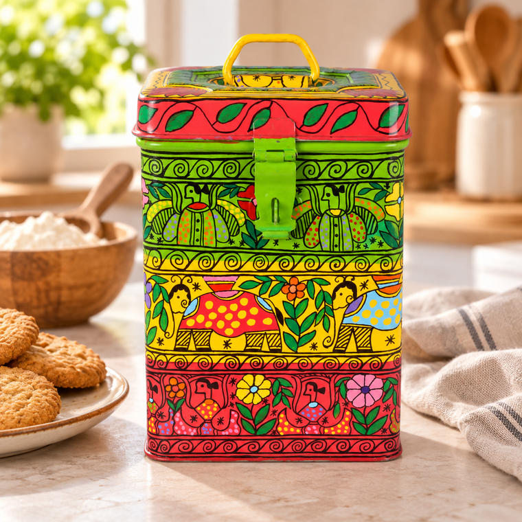 Hand Painted Canister: Flora & Fauna Stainless Steel Tin