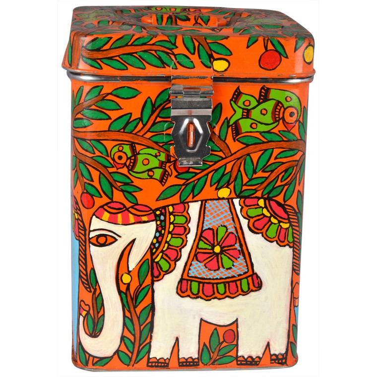 Hand Painted Canister: Elephants Stainless Steel Tin