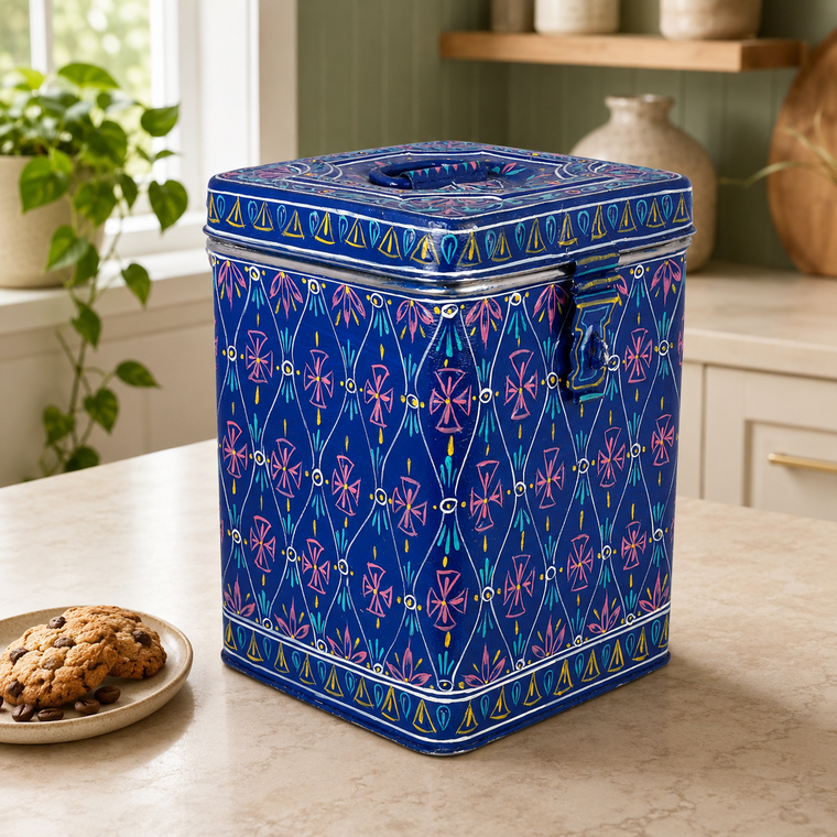 Hand Painted Canister:  Blue Stainless Steel Cookie Jar