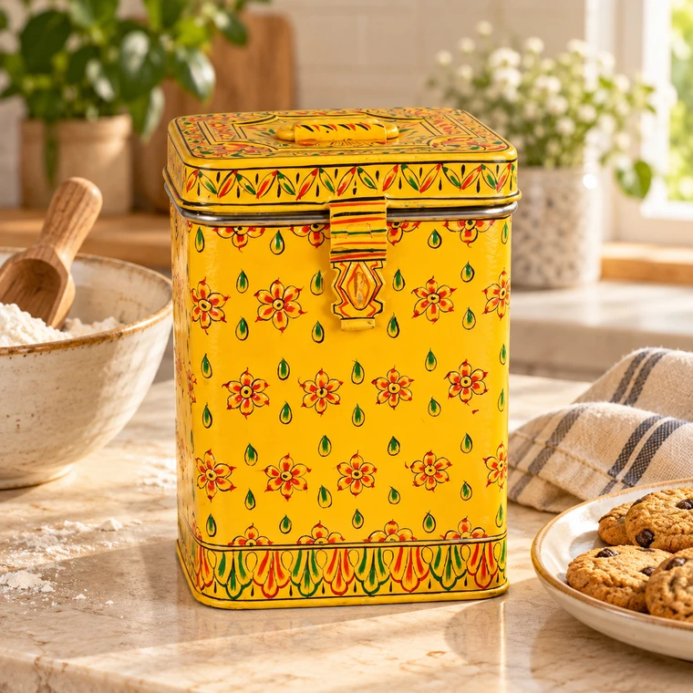 Hand Painted Canister: Yellow Stainless Steel Cookie Jar