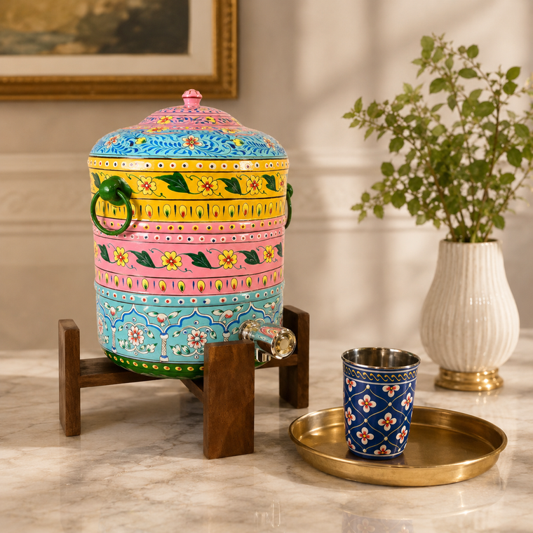Hand-Painted Stainless Steel Water Dispenser – 6L | Floral Art Beverage Server