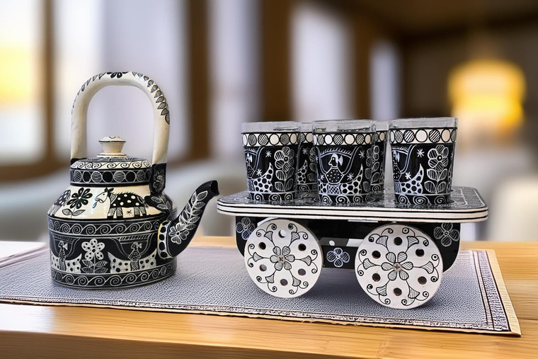 REKHA – Madhubani Hand-Painted Tea Cart Set | Kettle, 6 Glasses & Serving Cart