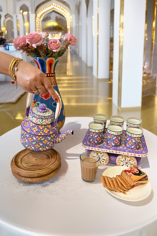 UTSAV – Hand-Painted Tea Cart Set | Kettle, 6 Glasses & Serving Cart