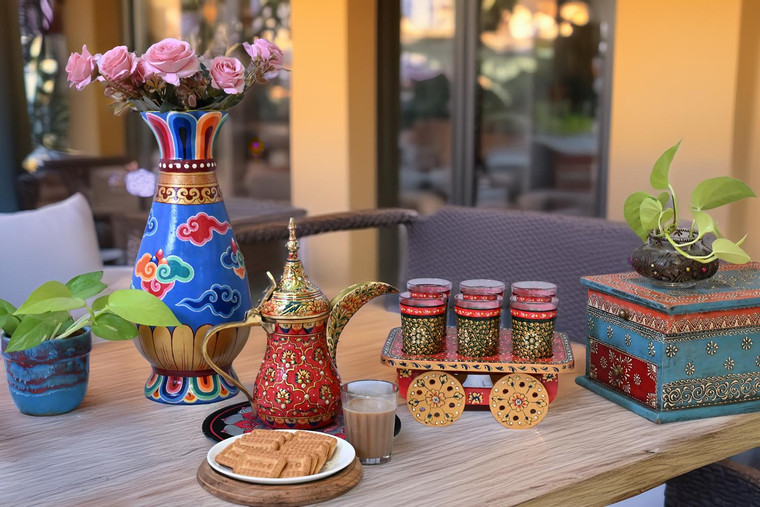 Zeenat – Hand-Painted Mughal Arabic Coffee Dallah Set with Tea Cart & 6 Glasses