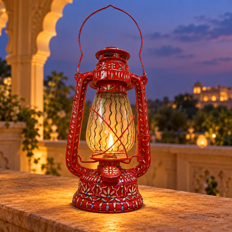 Hand Painted Lantern Lamp  -  Red