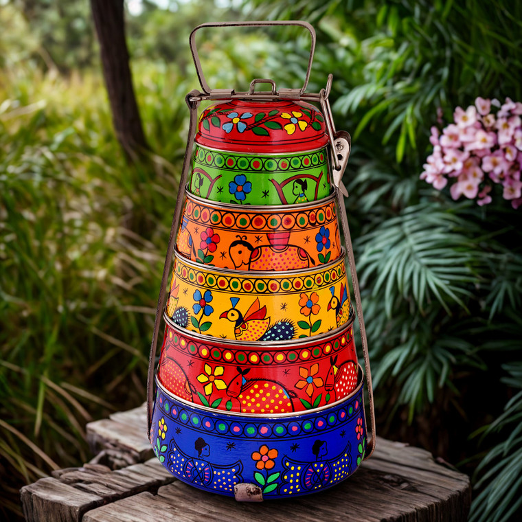 Hand Painted 5 Tier Steel Pyramid Tiffin- Madhubani Lunch box