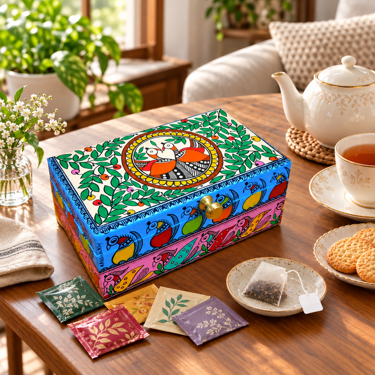 Hand Painted Tea Bag Organizer Box | Madhubani Folk Art