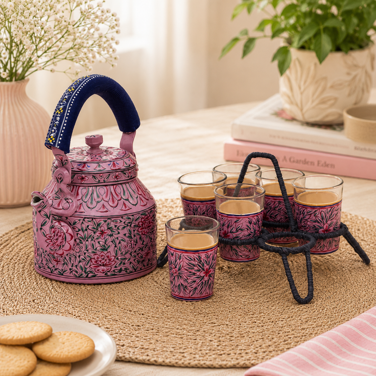 Hand Painted Tea Kettle with six glasses and stand: Pink Passion