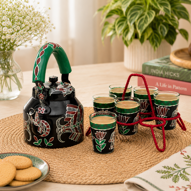 Hand Painted Tea Kettle with six glasses and stand: Fish Cracker