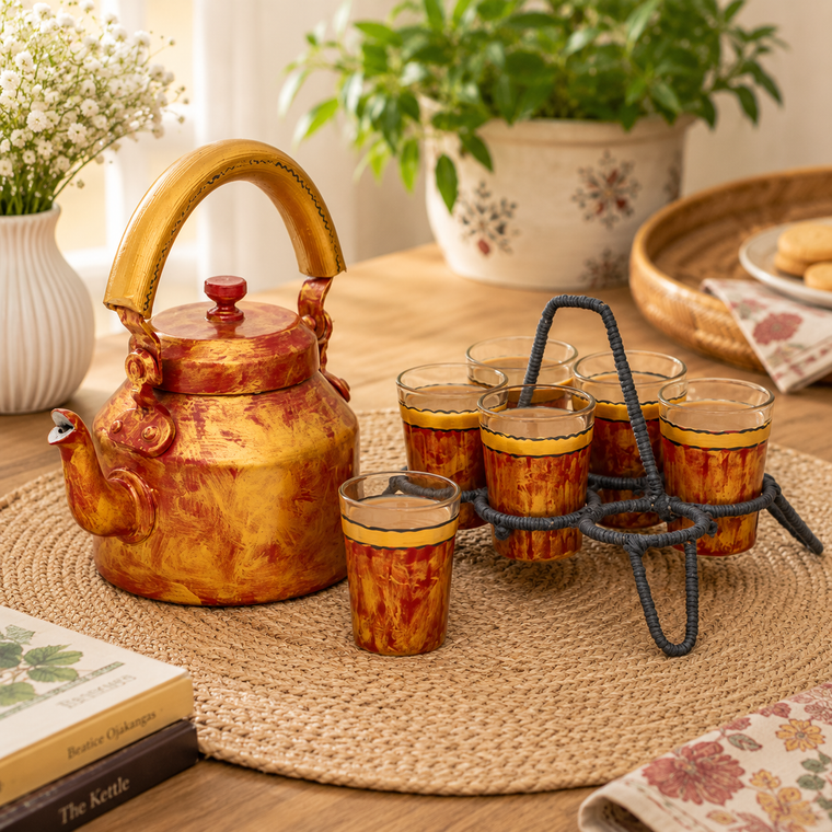 Hand Painted Tea set with Six Tea Glasses & Holder : Antiqua Fiery Red