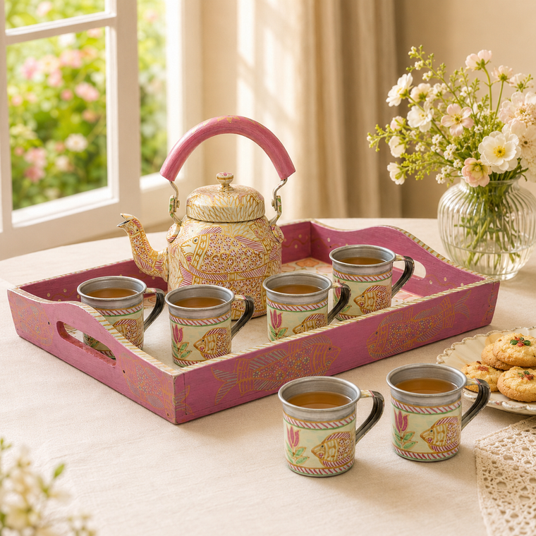 Hand Painted Tea Set: Pink Pond