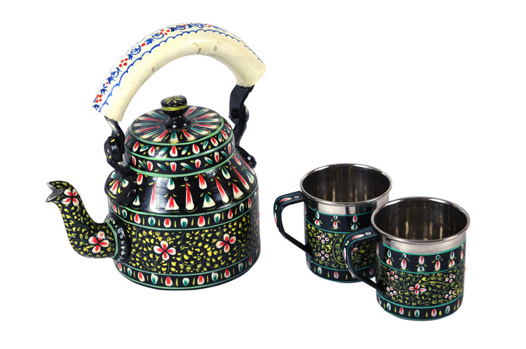 Hand Painted Tea kettle and 2 cups : Black