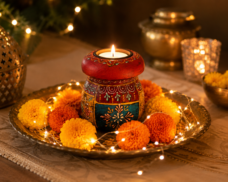 Hand-painted mango wood T-light candle holder featuring traditional Rajasthani folk artwork, artisan-made decorative votive holder for home décor and gifting