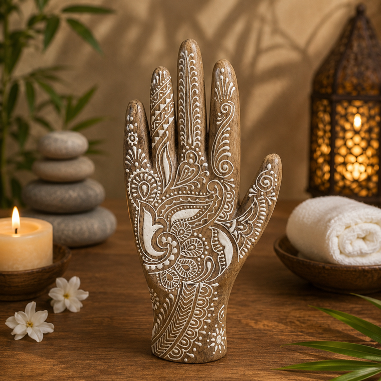 Hand-painted wooden hand sculpture styled in a calming spa-inspired interior with candles and natural elements.