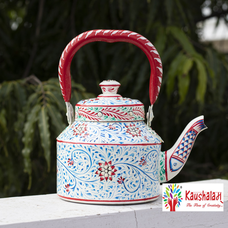Hand-Painted Stainless Steel Tea Kettle with Classic Indian Designs – Induction Safe: Opal