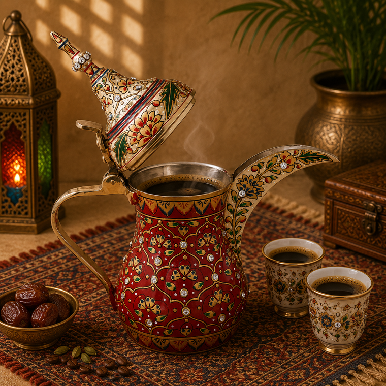 Hand-Painted Brass Coffee Pot - Mughal Art Inspired Arabian Dallah: Meraki
