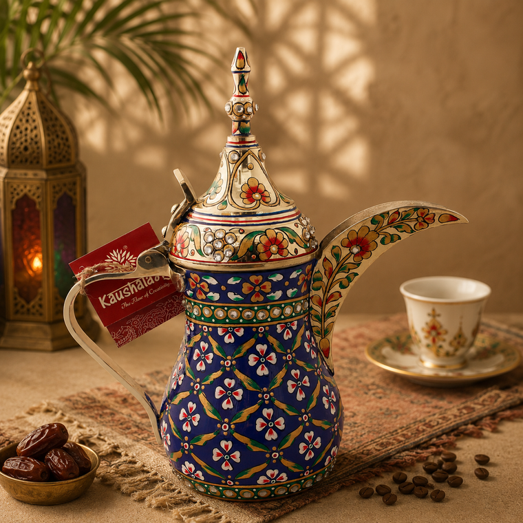 Hand-Painted Brass Coffee Pot - Mughal Art Inspired Arabian Dallah: Blue Dallah