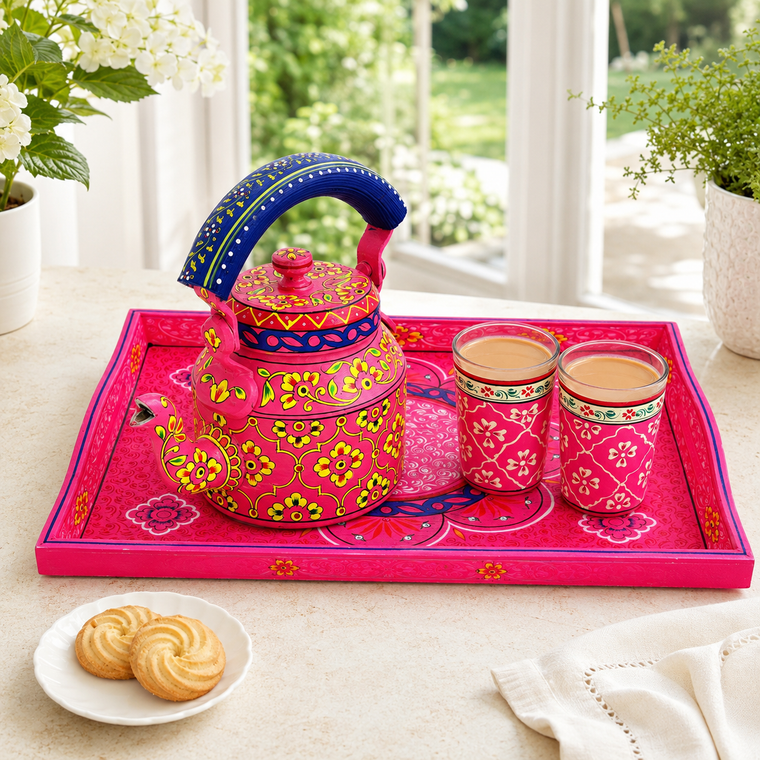 Kaushalam Hand Painted Tea set with tray & 2 Tea Glasses : Fuchsia