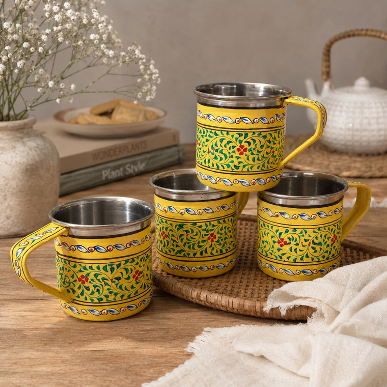 Hand Painted Tea Cups Set of 4 Pcs - Yellow, Coffee Mugs