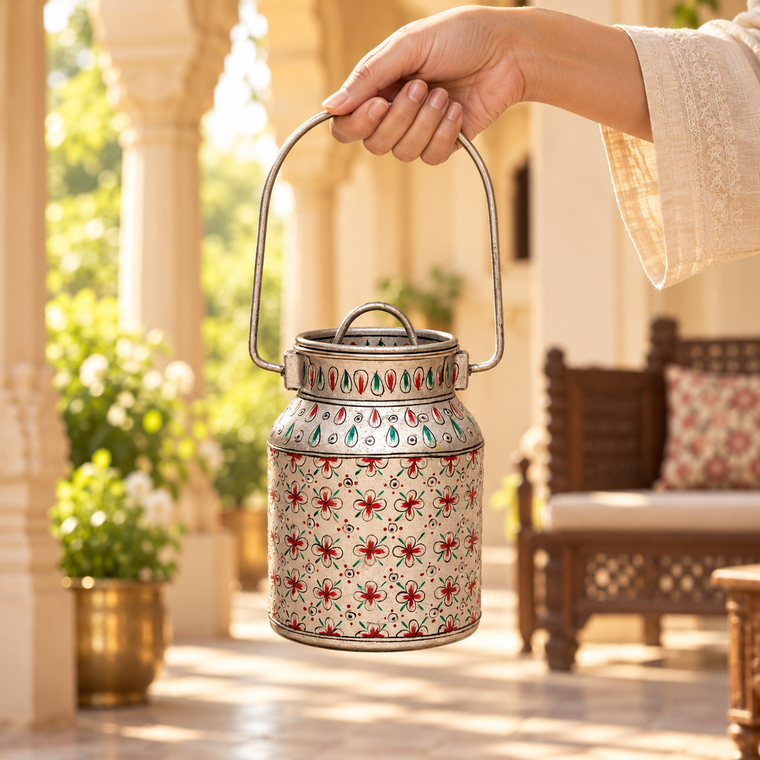 Hand Painted Milk Bucket | Silver Jar
