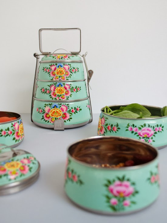 Hand Painted Steel Pyramid Tiffin- 3 Container: Light Green