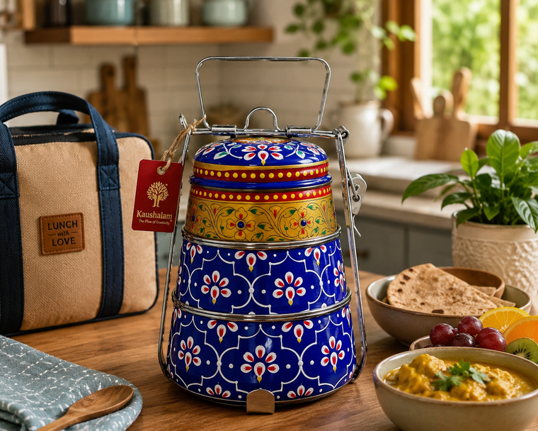 Hand Painted Steel Pyramid Tiffin- 3 Container: Blue