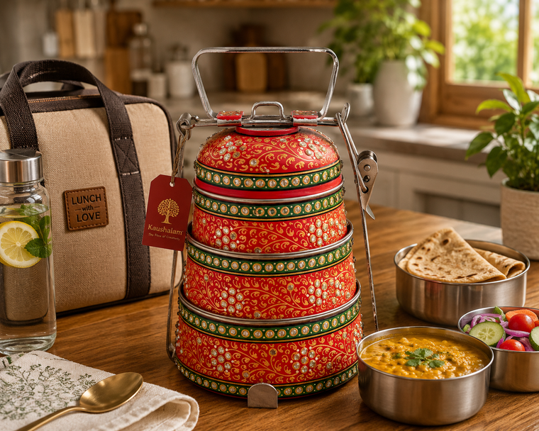 Hand Painted Steel Pyramid Tiffin- 3 Container: Red : Majestic