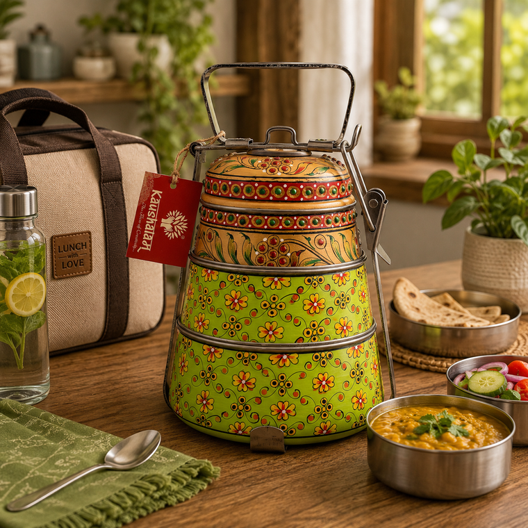 Hand Painted Steel Pyramid Tiffin- 3 Container: Parrot Green