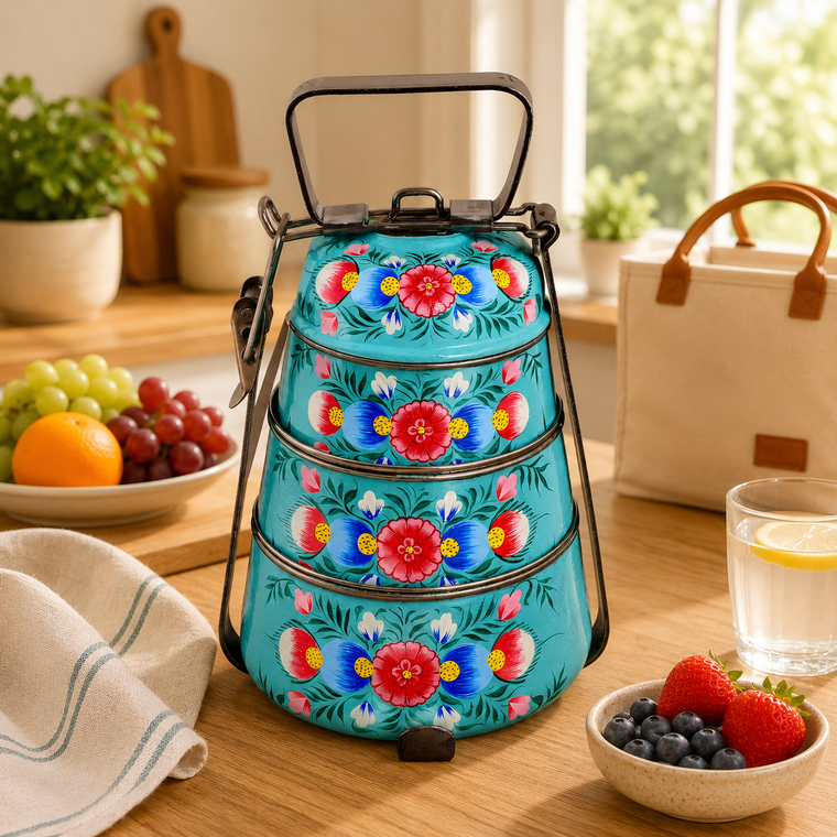 Hand Painted Steel Pyramid Tiffin- 3 Container: Turquoise Floral