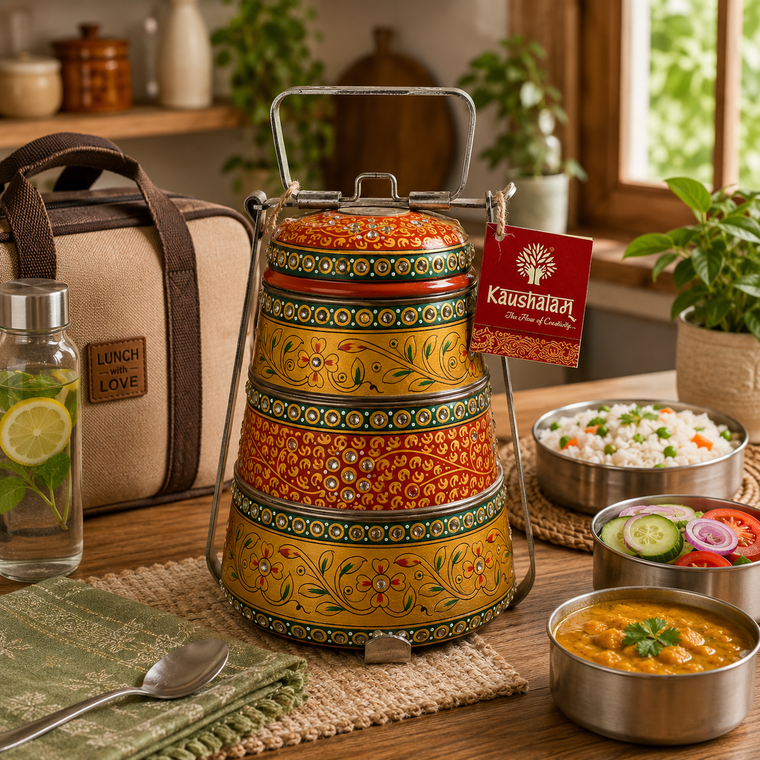 Hand Painted Steel Pyramid Tiffin- 3 Container: Red & Gold Majestic