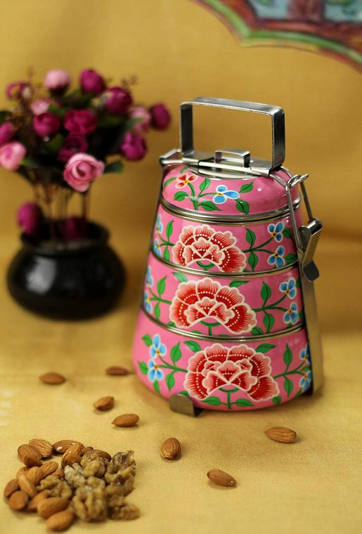 Hand Painted Steel Pyramid Tiffin- 3 Container: Pink Floral Kashmiri