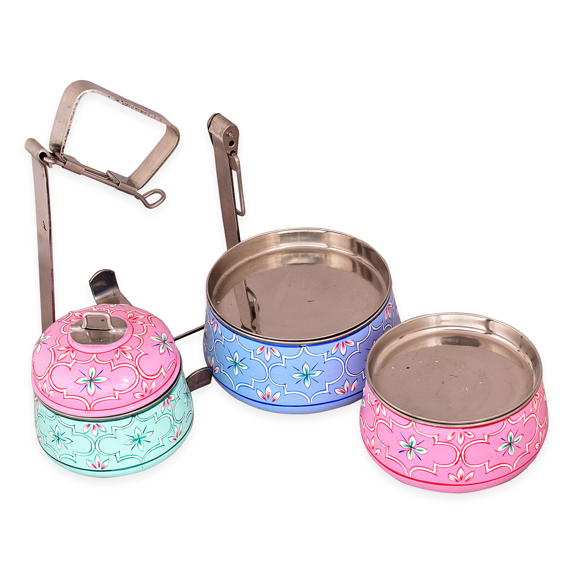 Hand Painted Steel Pyramid Tiffin- 3 Container: Pink, Blue, C-Green Hand Painted Steel Pyramid Tiffin- 3 Container: Pink, Blue, C-Green