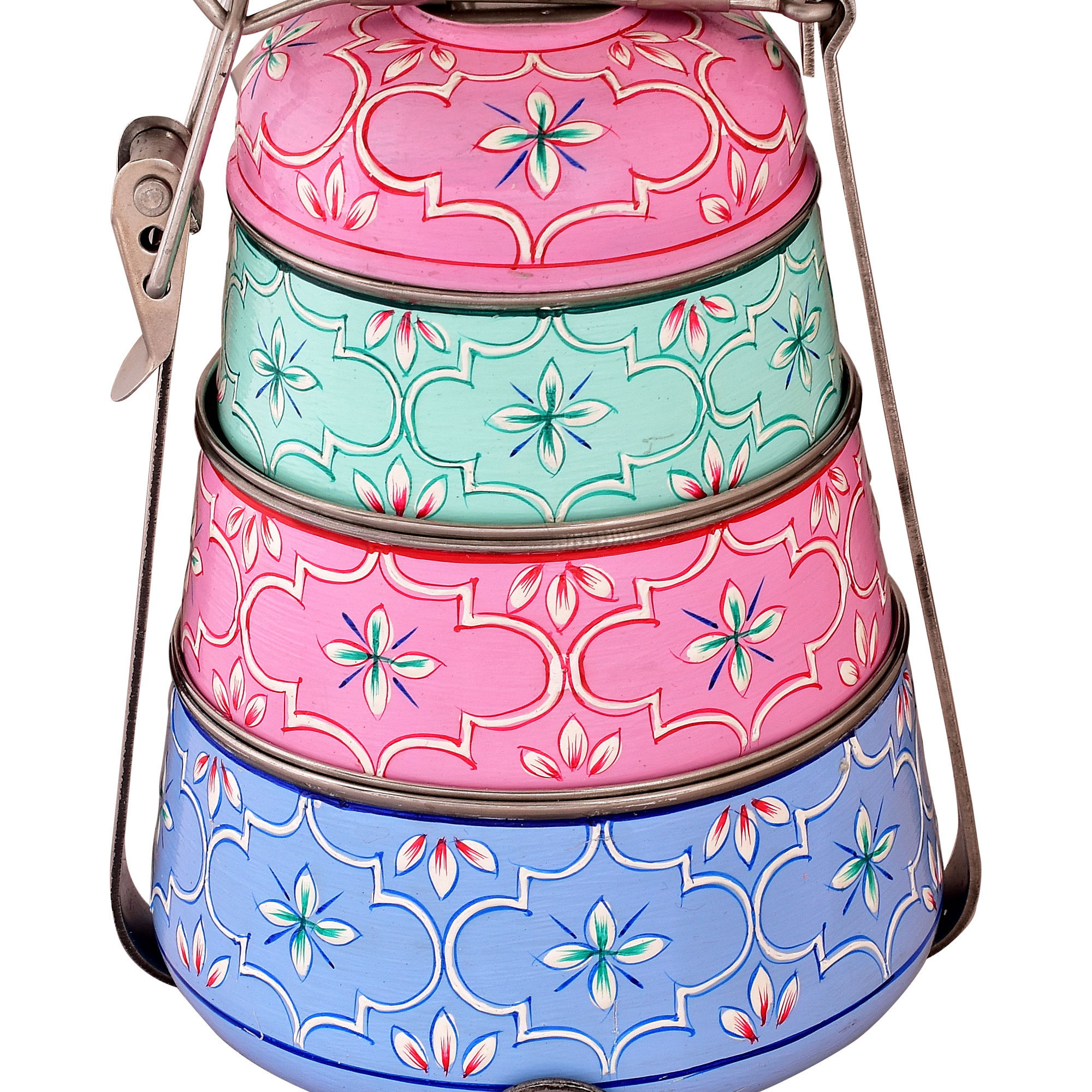 Hand Painted Steel Pyramid Tiffin- 3 Container: Pink, Blue, C-Green Hand Painted Steel Pyramid Tiffin- 3 Container: Pink, Blue, C-Green