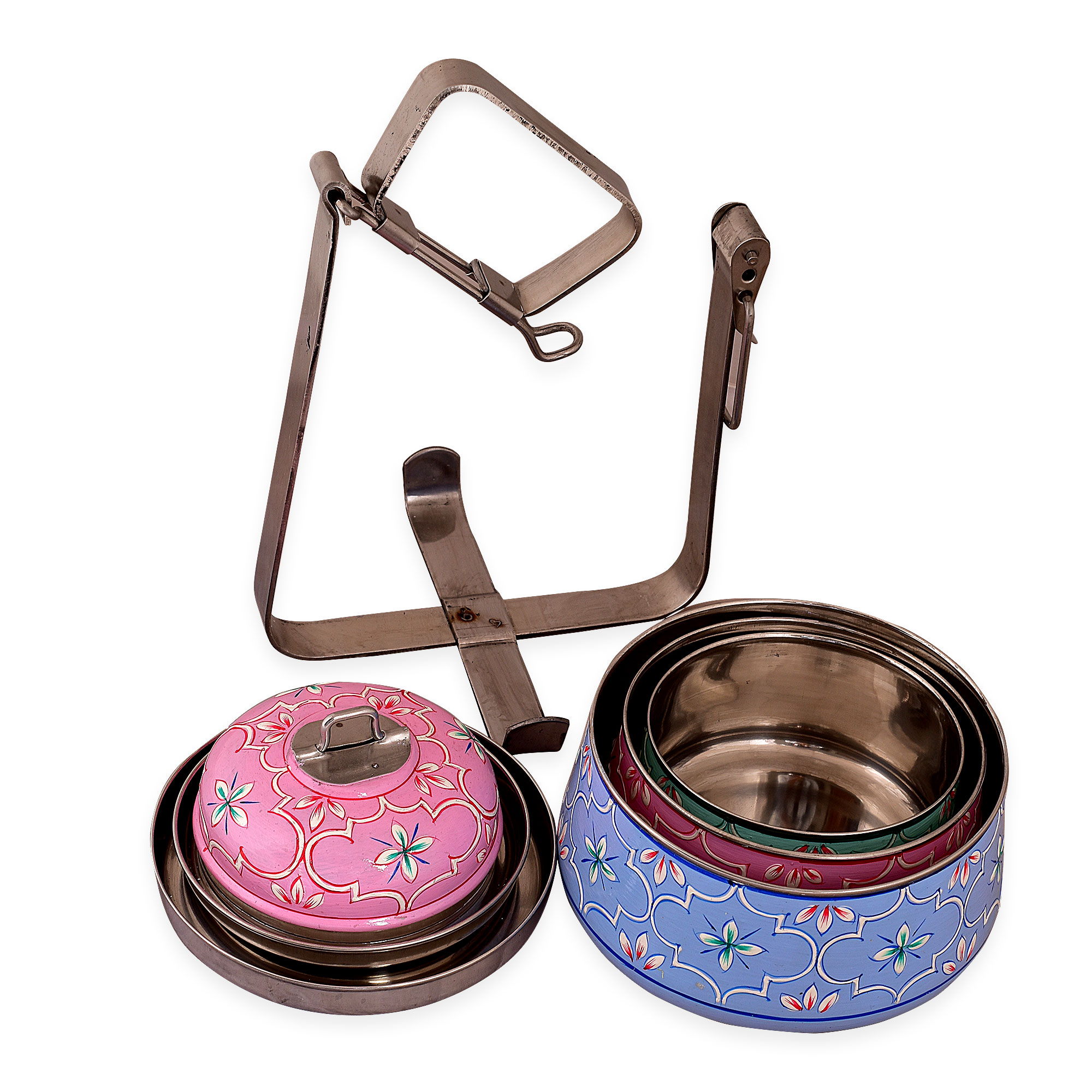 Hand Painted Steel Pyramid Tiffin- 3 Container: Pink, Blue, C-Green
