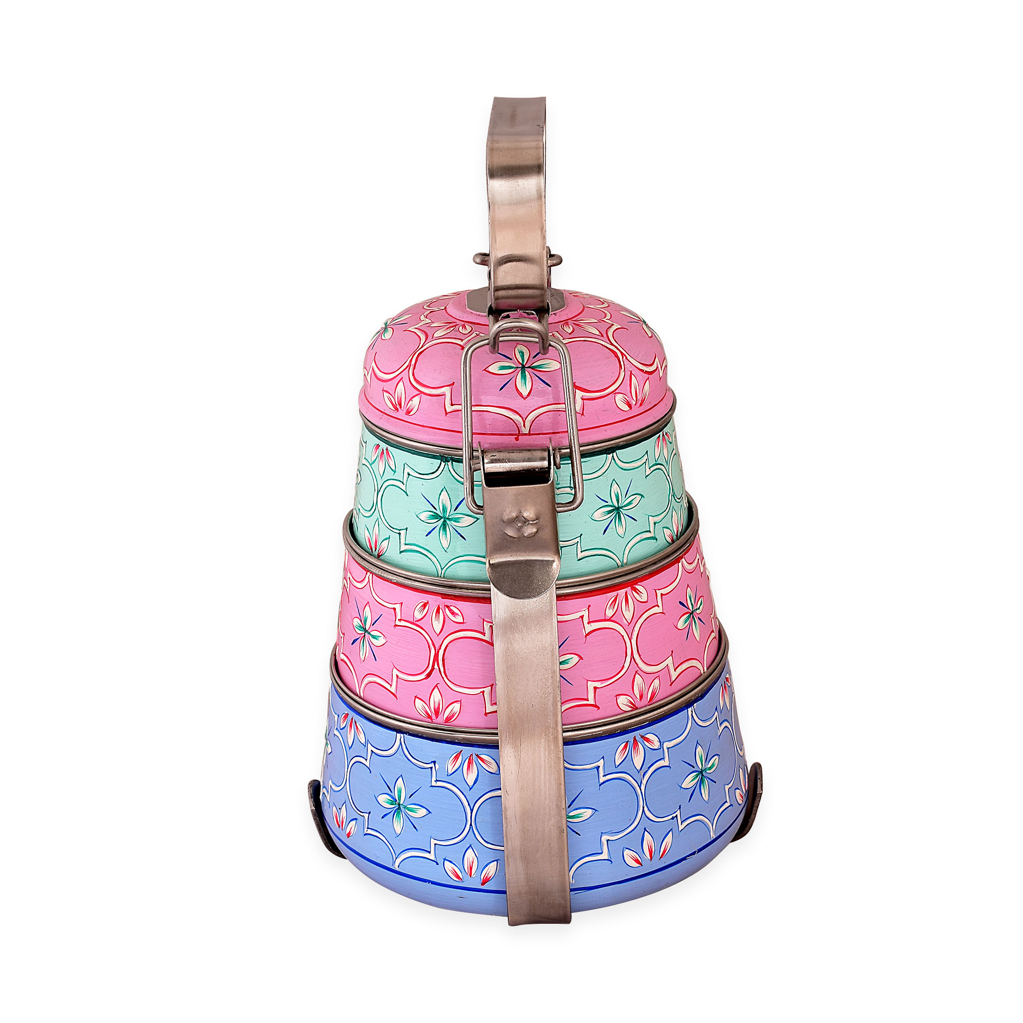 Hand Painted Steel Pyramid Tiffin- 3 Container: Pink, Blue, C-Green