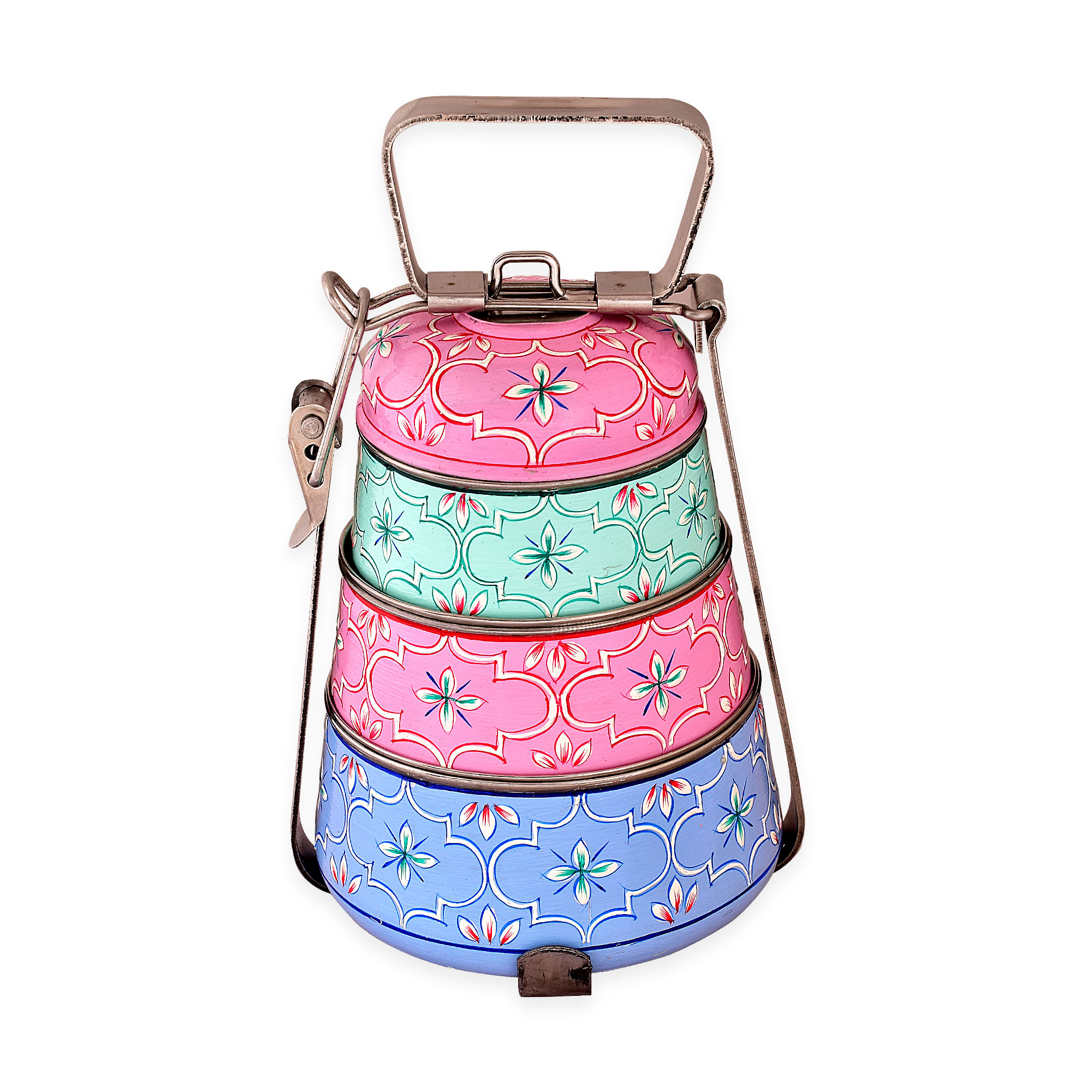 Hand Painted Steel Pyramid Tiffin- 3 Container: Pink, Blue, C-Green