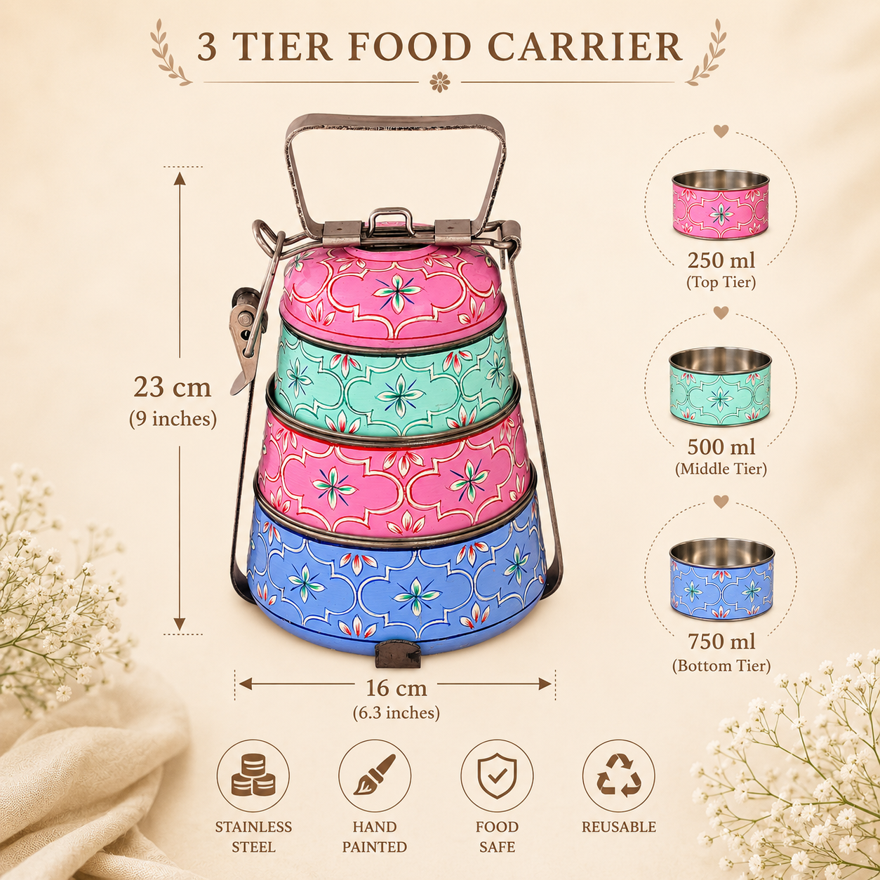 Hand Painted Steel Pyramid Tiffin- 3 Container: Pink, Blue, C-Green