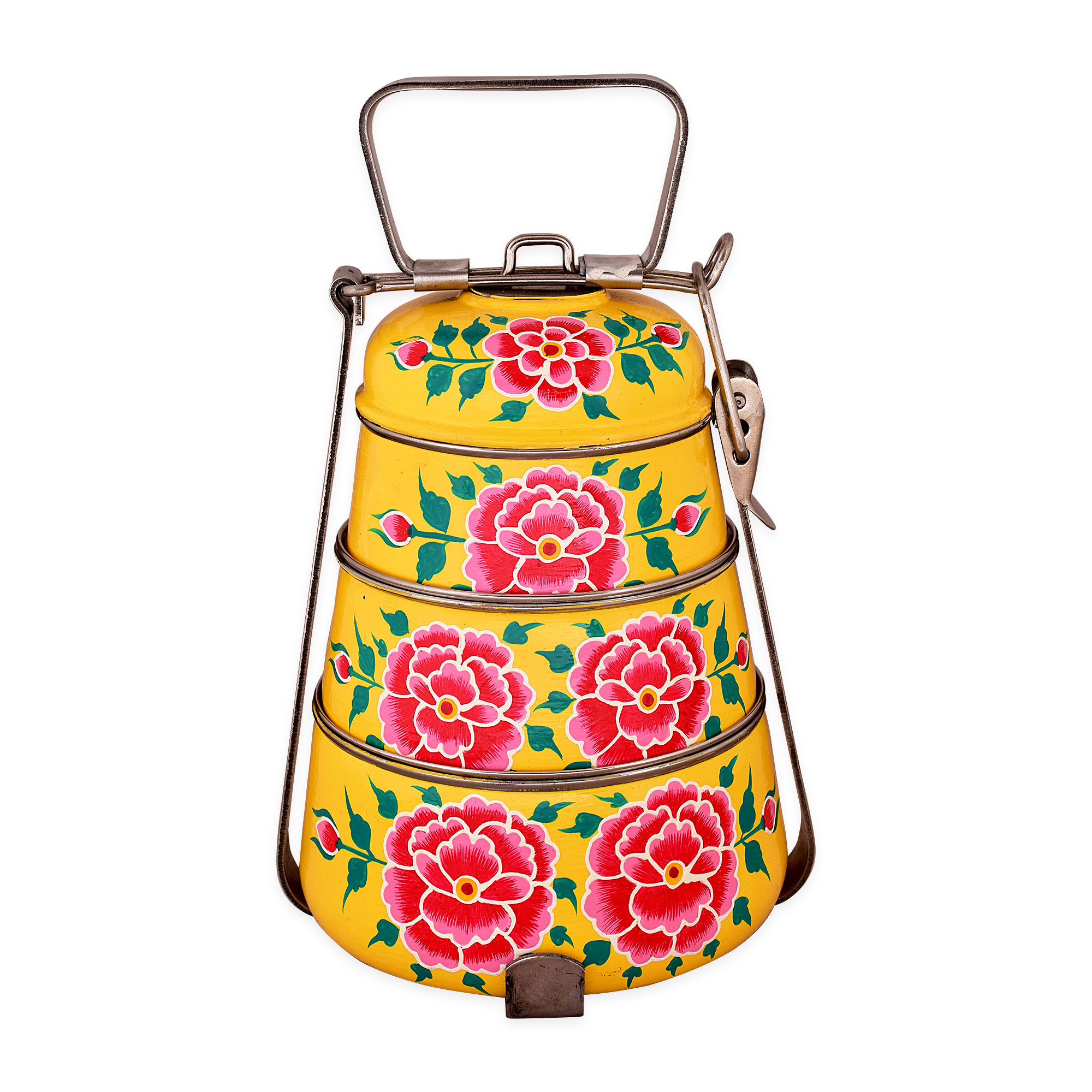 Hand Painted Steel Pyramid Tiffin- 3 Container: Pink Flowers