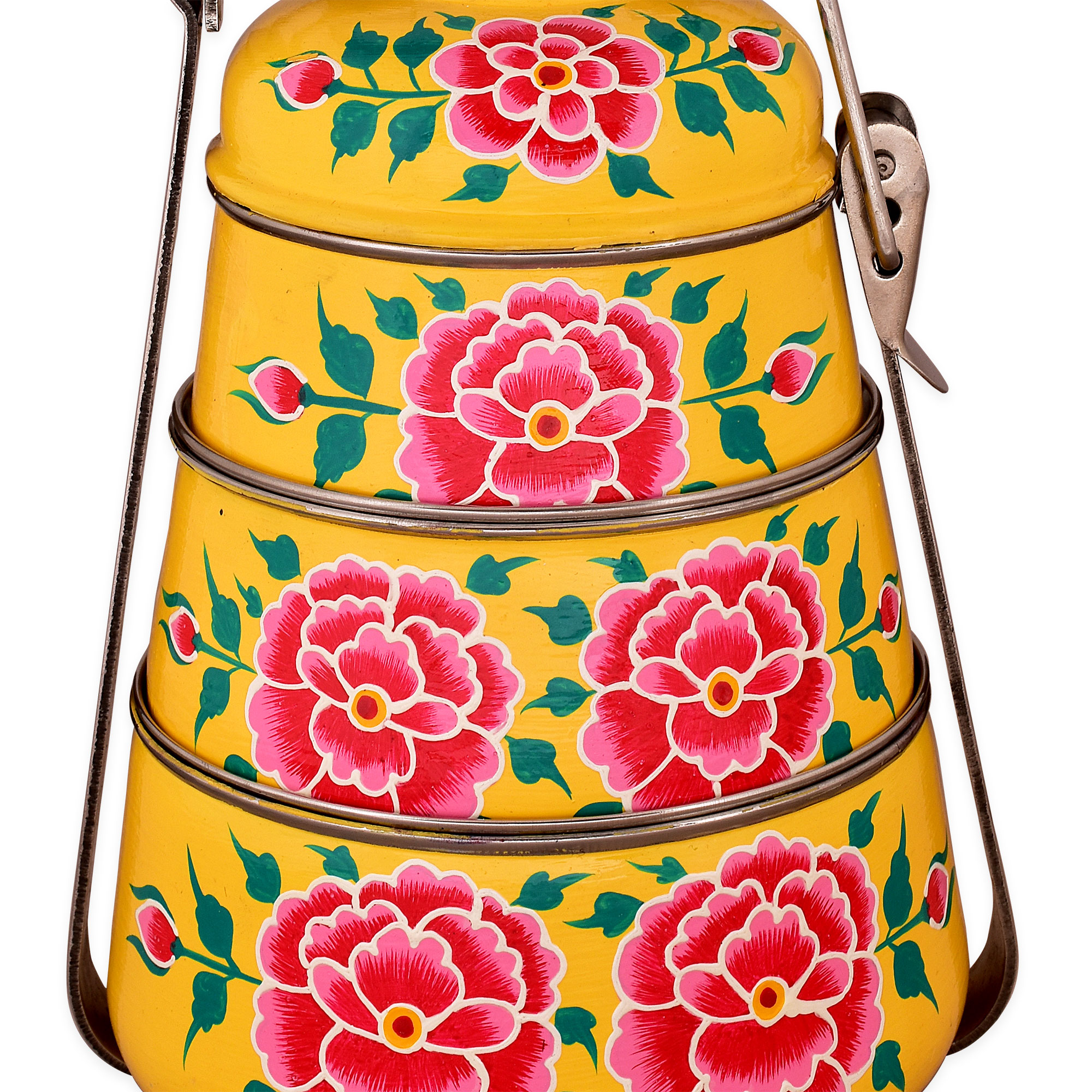 Hand Painted Steel Pyramid Tiffin- 3 Container: Pink Flowers Hand Painted Steel Pyramid Tiffin- 3 Container: Pink Flowers