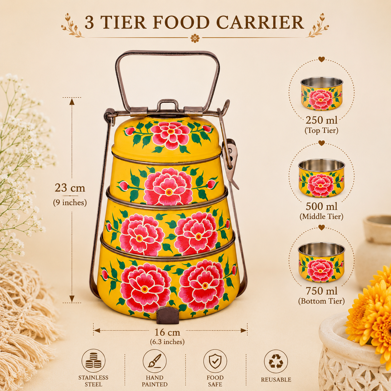 Hand Painted Steel Pyramid Tiffin- 3 Container| Kashmiri Art Lunch Box