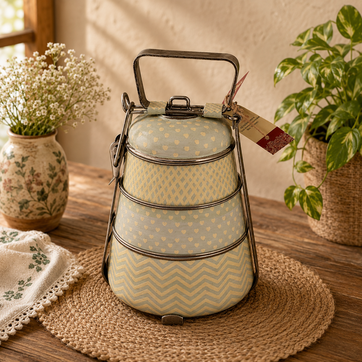 Hand Painted Steel Pyramid Tiffin- 3 Container: Baby Blue