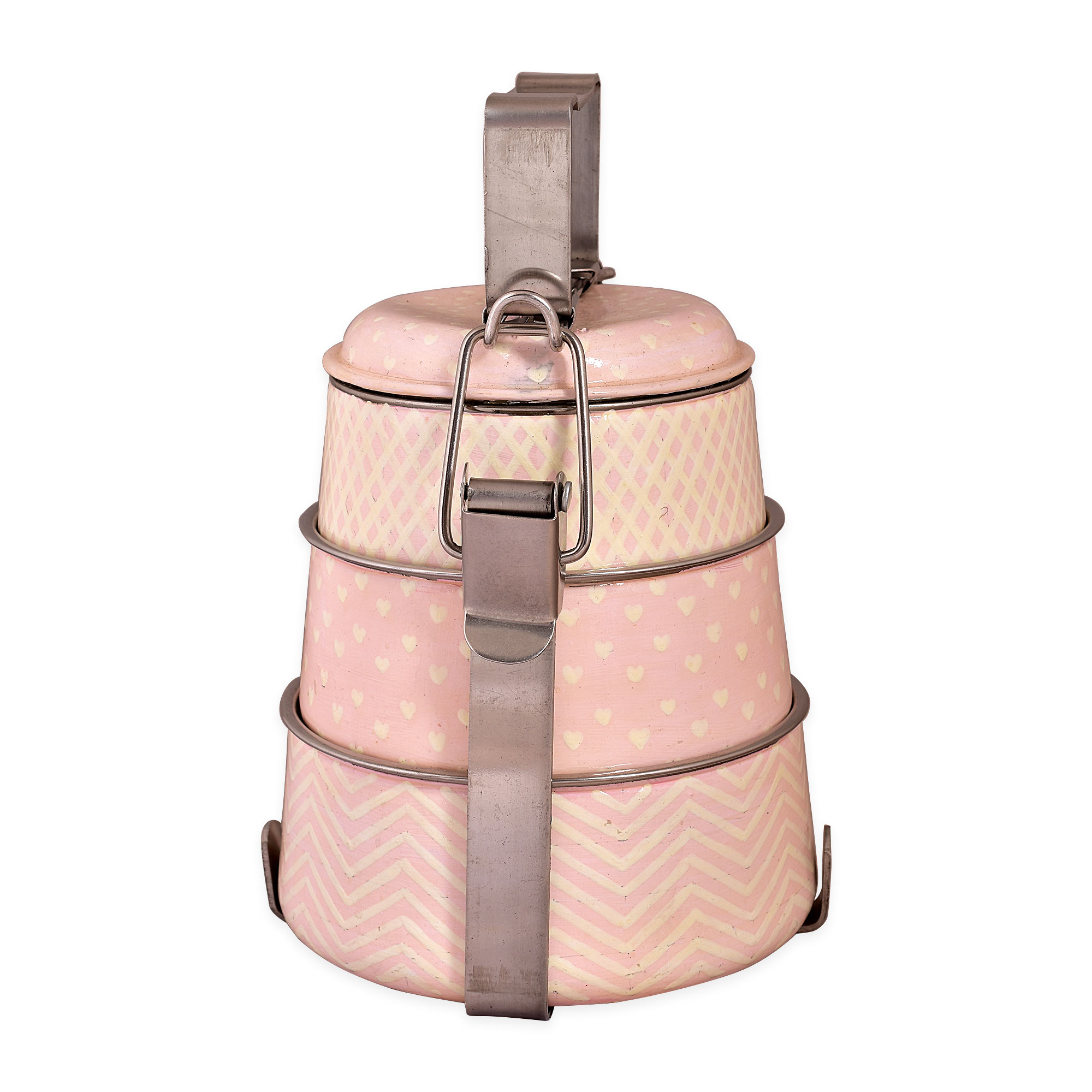 Hand Painted Steel Pyramid Tiffin- 3 Container: Baby Pink