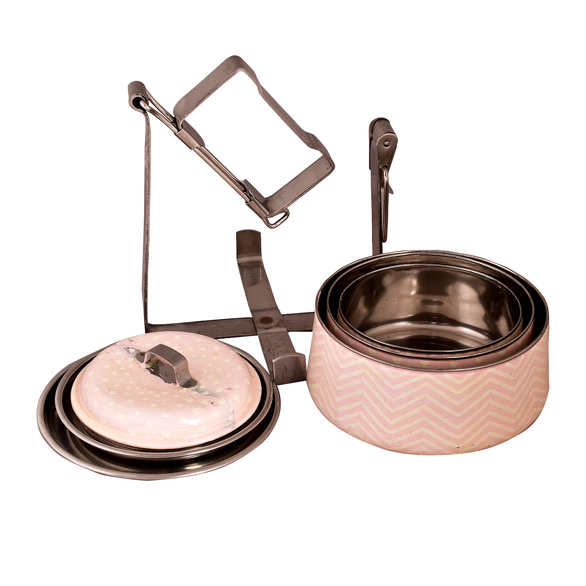 Hand Painted Steel Pyramid Tiffin- 3 Container: Baby Pink