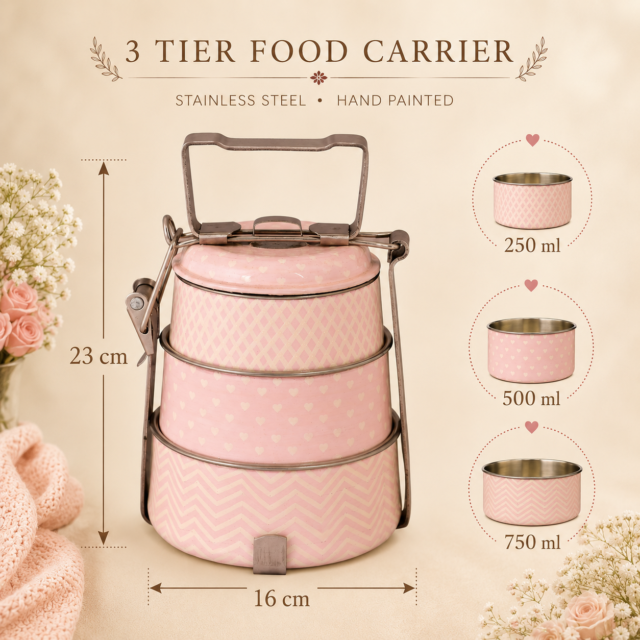 Hand Painted Steel Pyramid Tiffin- 3 Container: Baby Pink